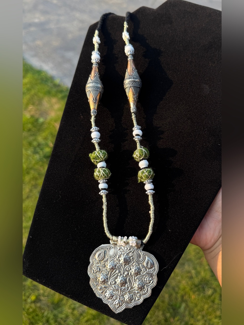 Handcrafted Silver-Tone Pendant Necklace with Olive Green Beads
